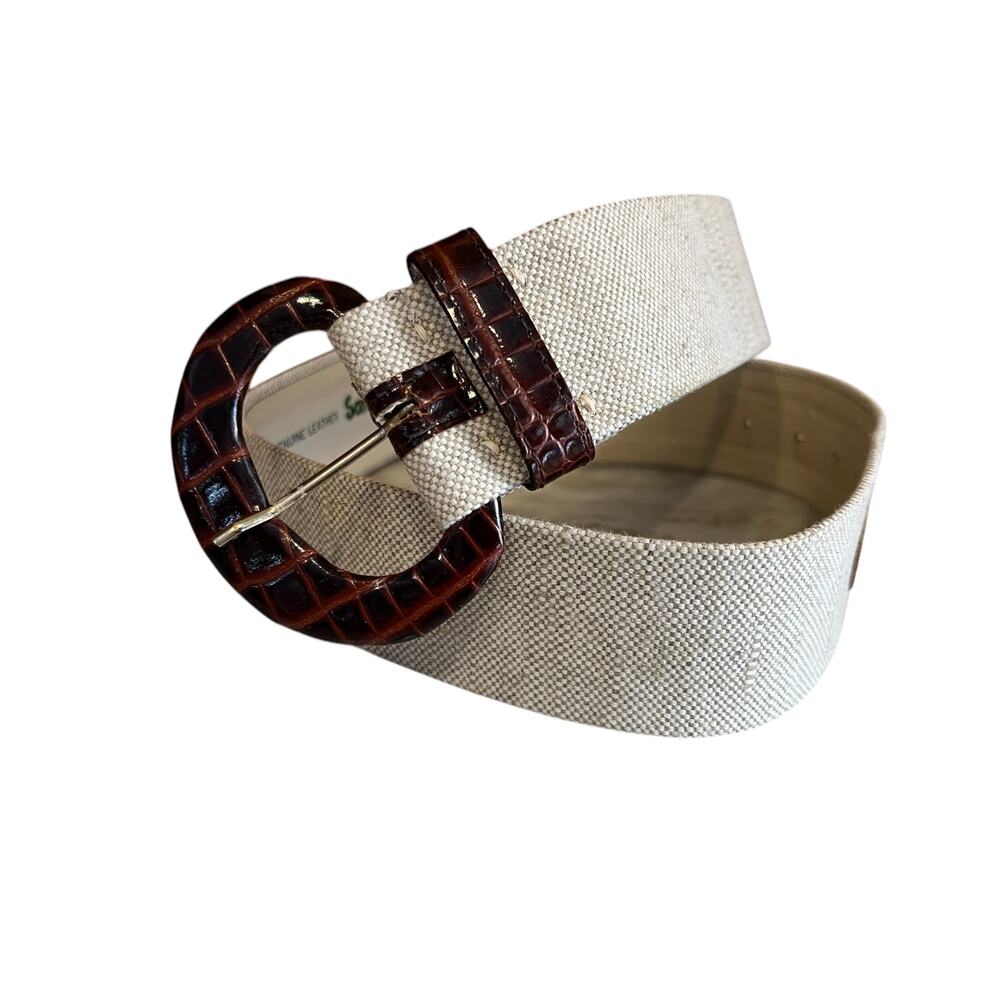 Sandy Duftler Linen & Leather Trim Wide Statement Belt Oatmeal Brown